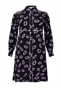 Schwarzes langärmliges Oberhemdkleid mit Kragen, das ein Muster aus unregelmäßigen lila Ringen und taillierten Manschetten aufweist.