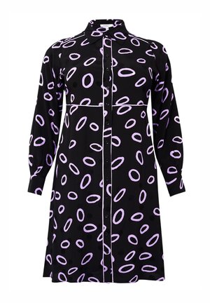 Zwarte lange mouwen overhemd jurk met kraag, voorzien van een patroon van onregelmatige paarse ringen en aansluitende manchetten.