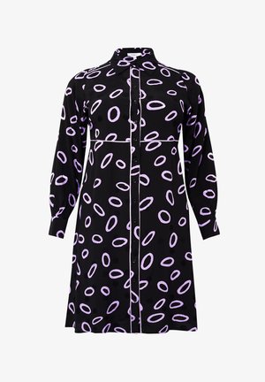 Robe noire à manches longues, boutonnée, avec col, ornée d'un motif d'anneaux violets irréguliers et de poignets ajustés.