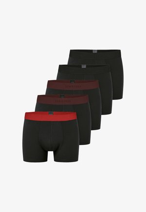 Boxershorts i sort bomuld med forskellige farver på linningen: én rød, tre sorte og én bordeaux. Hver linning har et logo.