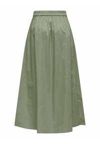 Une longue jupe vert olive en tissu léger avec une taille élastique, présentant une texture lisse et un design fluide.