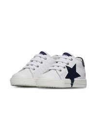 Sneakers bianchi in pelle con accento a forma di stella blu navy, lacci rotondi e dettagli forati sui lati. Suola in gomma per una migliore aderenza.