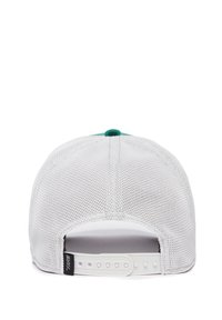 White mesh trucker cap with a green button on top, adjustable plastic strap at the back, and a small black label at the bottom left.