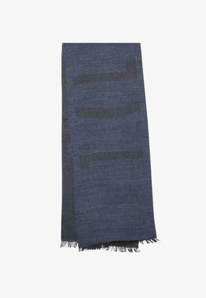 Sciarpa blu scuro con una texture intrecciata, strisce orizzontali asimmetriche e bordi sfrangiati, realizzata in materiale morbido e leggero.