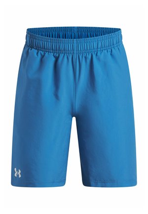 Blauwe sportshorts met elastische tailleband en Under Armour-logo op het onderste linkerbene, afgebeeld op een witte achtergrond.