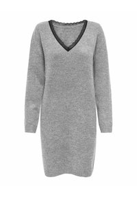 Vestido de suéter gris de manga larga con escote en V acentuado por un ribete de encaje negro. Material suave con un corte relajado y puños acanalados.