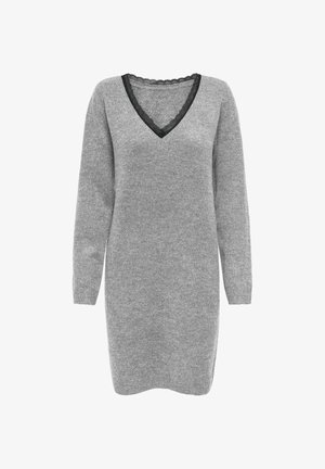 Grå långärmad tröjdress med V-ringning accentuerad av svart spetskant. Mjukt material med avslappnad passform och ribbade manschetter.