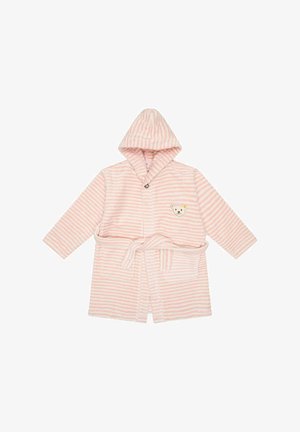 Accappatoio a righe rosa e bianche con cappuccio, realizzato in materiale morbido, caratterizzato da un ricamo a forma di faccia d'orso e una cintura legata. Inclusi due taschini laterali.