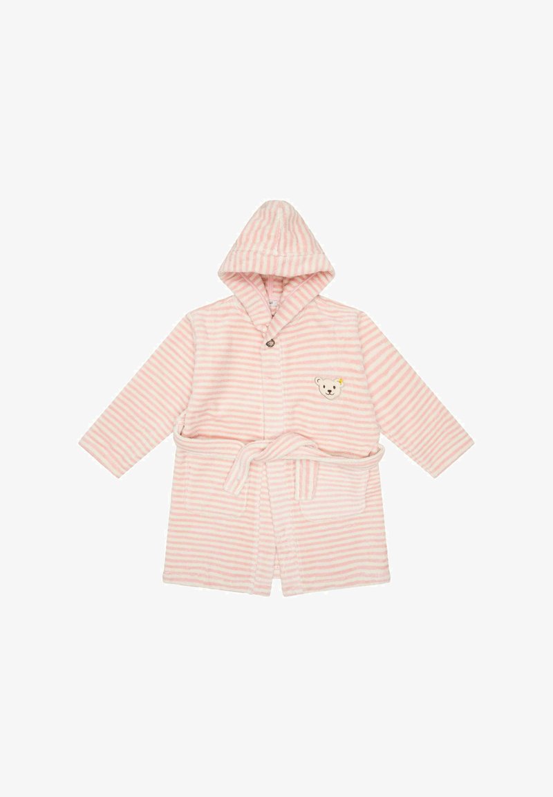 Accappatoio a righe rosa e bianche con cappuccio, realizzato in materiale morbido, caratterizzato da un ricamo a forma di faccia d'orso e una cintura legata. Inclusi due taschini laterali.