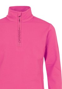 Suéter de manga larga rosa con cuello alto y medio zipper. Presenta una tela texturizada y el logo de la marca en la parte delantera.