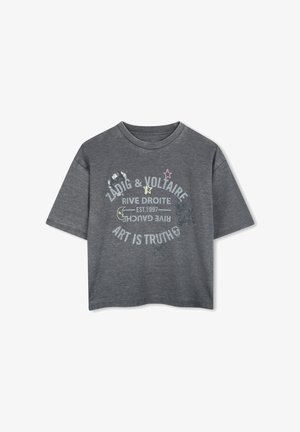 Grijze katoenen T-shirt met korte mouwen, ronde halslijn en grafisch tekstontwerp met sterren en artistieke motieven.