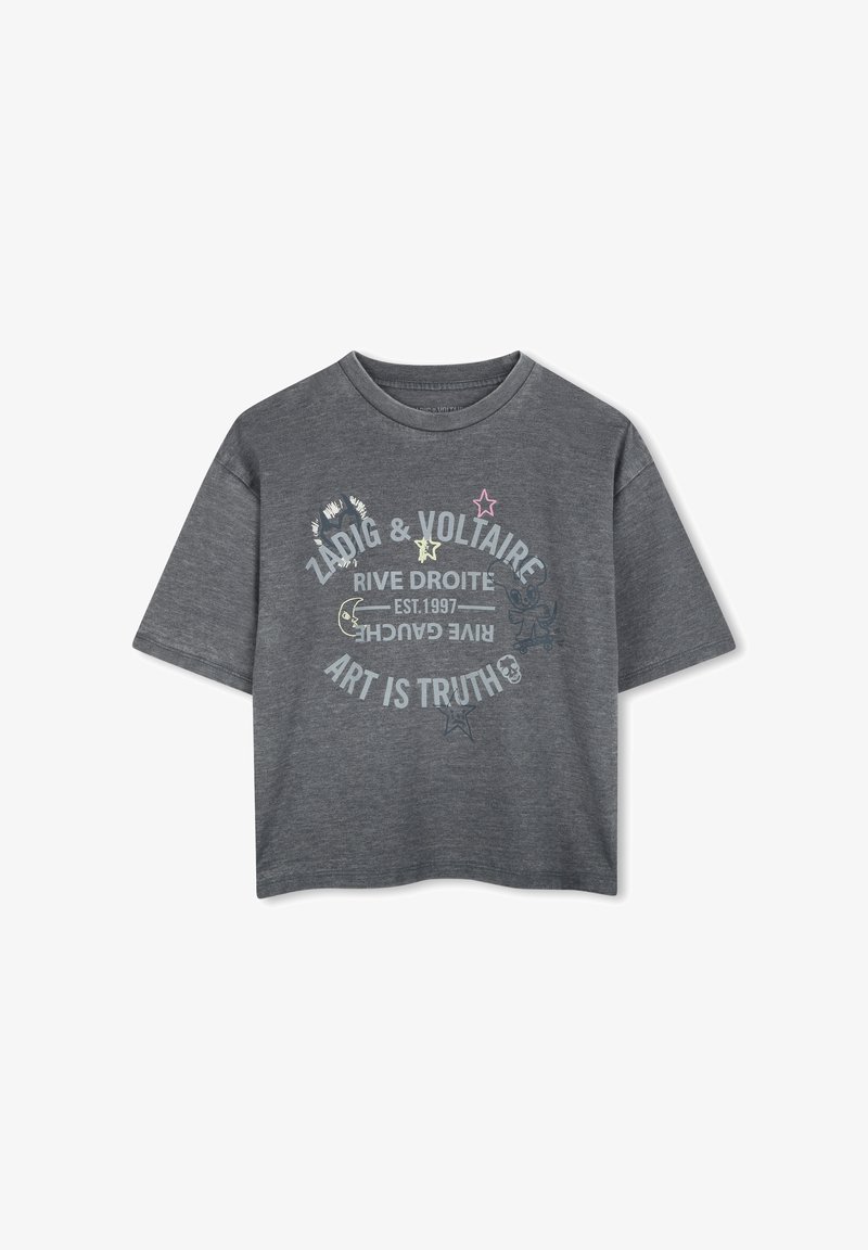 Grijze katoenen T-shirt met korte mouwen, ronde halslijn en grafisch tekstontwerp met sterren en artistieke motieven.