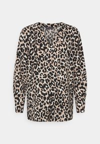 Top com padrão de leopardo castanho, com decote em V, mangas longas e detalhes em botão, feito de um tecido suave com uma textura lisa.