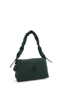 Groene stoffen handtas met een textuur afwerking, voorzien van een gedraaide handgreep, een ritssluiting en een logo patch aan de voorkant.