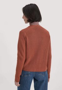 Persoon met kort, donker haar die een roestkleurige gebreide trui over een gestreepte coltrui en blauwe jeans draagt, gezien vanuit de achterkant.