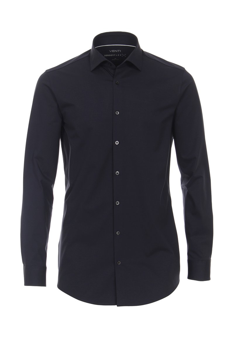 Navy blauwe langetermijnshirt, slim fit, gemaakt van jersey stof, met een puntige kraag en knoopsluiting met metallic accenten.
