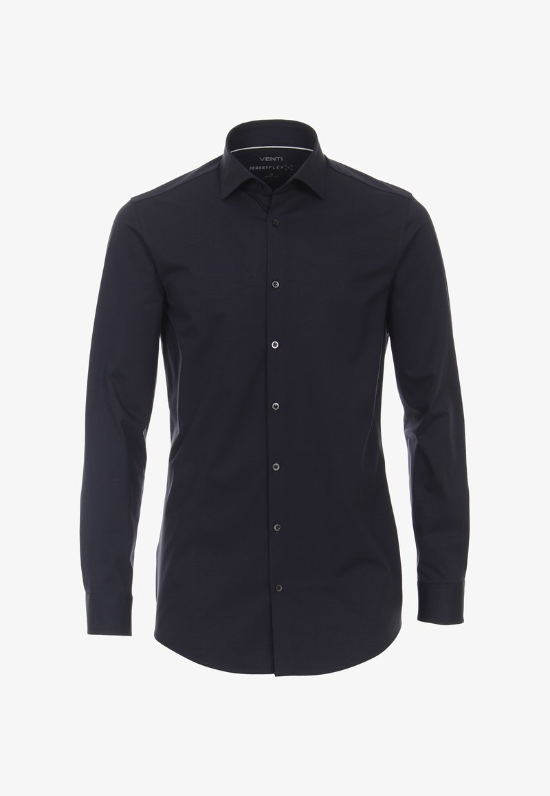 Navy blauwe langetermijnshirt, slim fit, gemaakt van jersey stof, met een puntige kraag en knoopsluiting met metallic accenten.