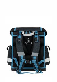 Black and blue backpack with mesh panels, adjustable straps, gray accents, and side pockets. Features utility clips and a top handle.