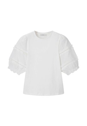 Witte blouse met korte mouwen, opgeblazen mouwen, kanten afwerking en geschulpte randen aan de mouwen.