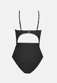 Maillot de bain noir à taille haute, avec des bretelles fines et réglables, et un dos découpé. Confectionné en tissu lisse et extensible.