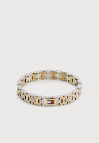 Brățară din oțel inoxidabil cu zale aurii și argintii alternante, având o închizătoare dreptunghiulară cu accente roșii și bleumarin.