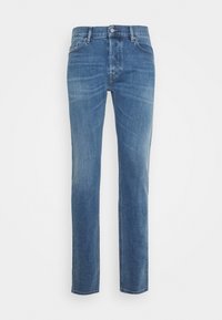 Blå denimjeans med rak passform, medelhög tvättning, som har subtila blekningar, femficksdesign och standard knapp- och dragkedjestängning.