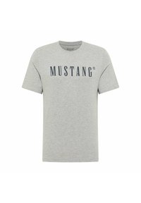 Grey cotton t-shirt with short sleeves, featuring a dark blue "MUSTANG" logo printed across the chest in a bold, uppercase font.