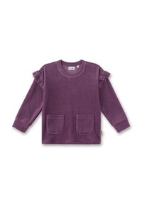 Lila Rippen-Corduroy Langarmshirt mit Rüschendetails an den Schultern und zwei Fronttaschen. Weiche Textur, Rundhalsausschnitt.