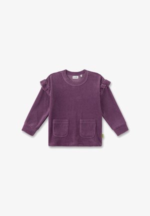 Lila gerippte Langarm-Toddler-Bluse mit zwei Fronttaschen und kleinen Rüschendetails an den Schultern.