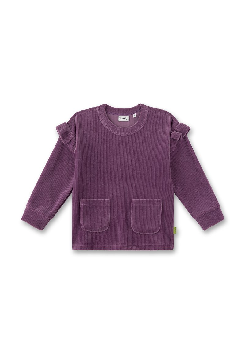 Lila Rippen-Corduroy Langarmshirt mit Rüschendetails an den Schultern und zwei Fronttaschen. Weiche Textur, Rundhalsausschnitt.