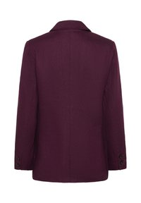 Blazer pour homme de couleur violet foncé à manches longues, avec détails de boutons sur les poignets et col classique, présenté de dos sur un fond blanc.