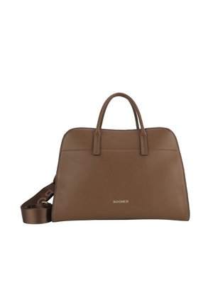 Sac à main en cuir marron avec deux poignées supérieures et une bandoulière amovible. Présente une texture lisse et un logo discret à l'avant.