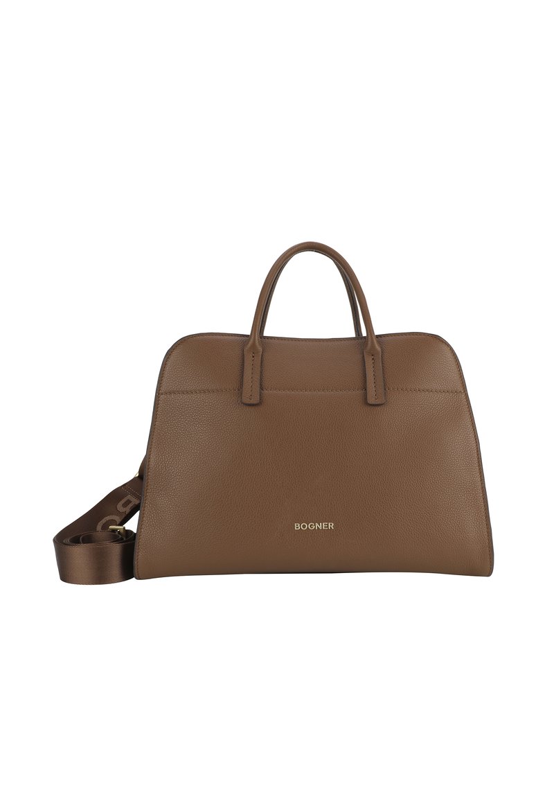 Borsa a tracolla in pelle marrone con doppi manici superiori e una tracolla rimovibile. Presenta una texture liscia e un logo sottile sulla parte anteriore.