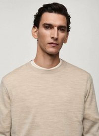 Maglione beige con scollo a girocollo, realizzato in un tessuto lavorato a maglia. Presenta un motivo sottile e una vestibilità rilassata.