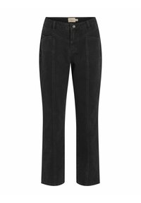 Pantalones de mezclilla negra con un diseño de pierna recta, que cuentan con dos bolsillos delanteros, costuras en contraste y un cierre de botón en la cintura.