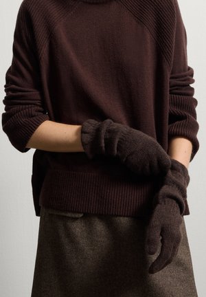 Maglione marrone lavorato a maglia con colletto a coste, abbinato a guanti marrone scuro con texture. Entrambi gli articoli presentano un aspetto morbido e accogliente.