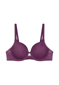 Violetti, pehmustettu rintaliivit pitsikoristein, pystysaumoin muotoilua varten, säädettävät olkaimet ja koristeellinen aluskuminauha. Sileä pinta.