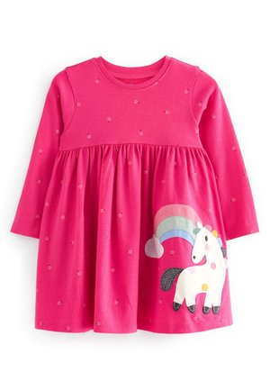 Vestido rosa de manga larga con cintura fruncida, adornado con un aplique de unicornio y arcoíris. Hecho de algodón suave con pequeños patrones florales.
