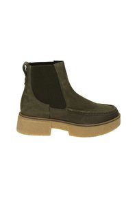 Botte Chelsea en daim vert olive avec panneau latéral élastique et semelle en caoutchouc beige épaisse, vue de côté extérieur sur fond blanc.
