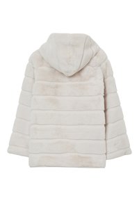 Faux-Fur-gefütterte Jacke in hellbeige mit horizontalem Streifenmuster. Weicher Stoff und lässige Passform. Keine sichtbaren Verschlüsse.