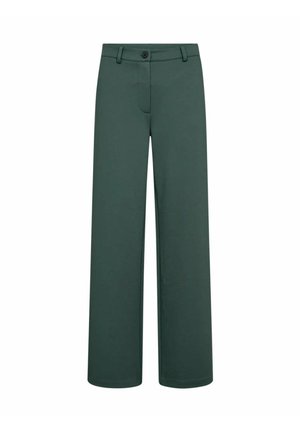 Groene wijde broek gemaakt van een zachte, gestructureerde stof. Voorzien van een knoopsluiting aan de voorkant, riemlussen en zijzakken.