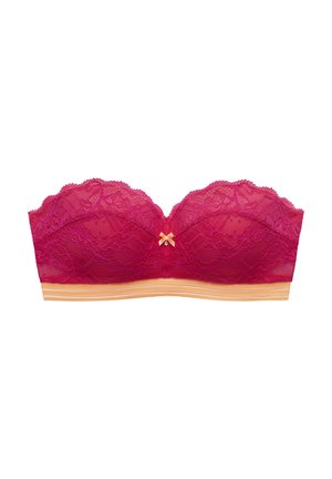 Raspberry lace bandeau bra with scalloped edges, featuring an orange elastic band and a small bow detail at the center.