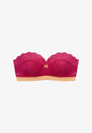 Raspberry lace bandeau bra with scalloped edges, featuring an orange elastic band and a small bow detail at the center.