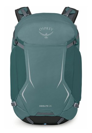 Sac à dos de randonnée Teal Osprey Hikelite 26 avec bretelles rembourrées, sangles de compression latérales et accents de design réfléchissants sur le panneau avant.