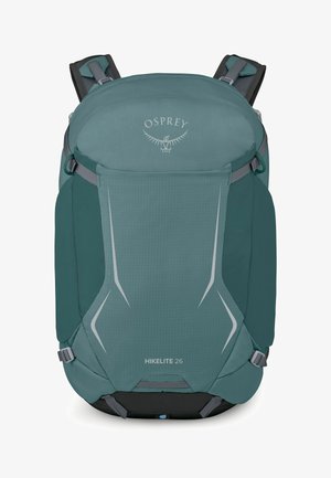 Sac à dos de randonnée Teal Osprey Hikelite 26 avec bretelles rembourrées, sangles de compression latérales et accents de design réfléchissants sur le panneau avant.