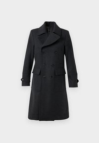 Manteau en laine gris foncé pour homme à double boutonnage avec grands revers, quatre poches avant et poignets à boutons, présenté sur fond blanc.