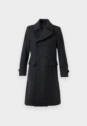 Men’s dark gray double-breasted wool coat with wide lapels, four front pockets, and buttoned cuffs, displayed on white background.