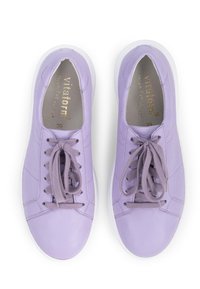 Purple leather sneakers with a smooth finish, round toe, and white rubber soles. Features matching laces and subtle stitching details.