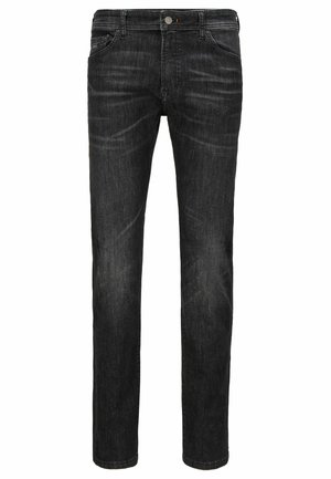 Zwarte slim-fit spijkerbroek met lichte vervaging op dijen en knieën, vijfzakkenstijl en knoopsluiting in de taille.