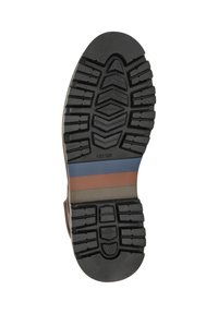 Zwarte rubberen loopzool met een gestructureerd profiel, voorzien van gekleurde accentlijnen in blauw, bruin en grijs. Duurzaam en ontworpen voor grip.